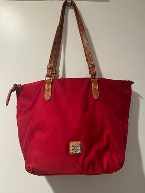 Dooney & Bourke Red Tote Bag with Tan Leather Straps
